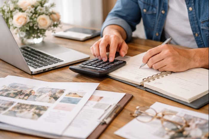 Hands using a calculator next to a laptop and notebook while planning a Italy destination wedding budget.