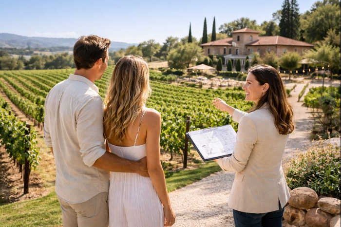 Couple touring a vineyard wedding venue in Italy with a planner while reviewing the estate layout outdoors.