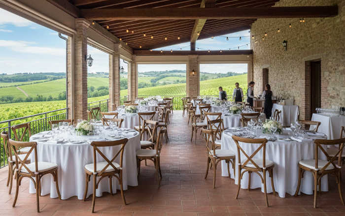 Covered terrace reception area at a vineyard venue, showing a practical backup space for a wedding day.