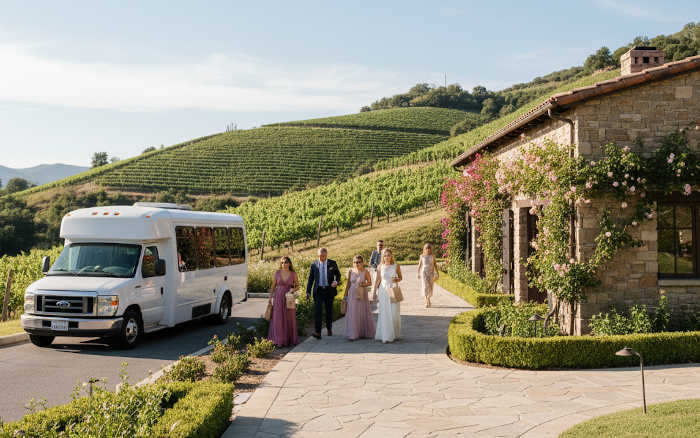 Guests arriving at a vineyard wedding venue with a shuttle drop-off area.