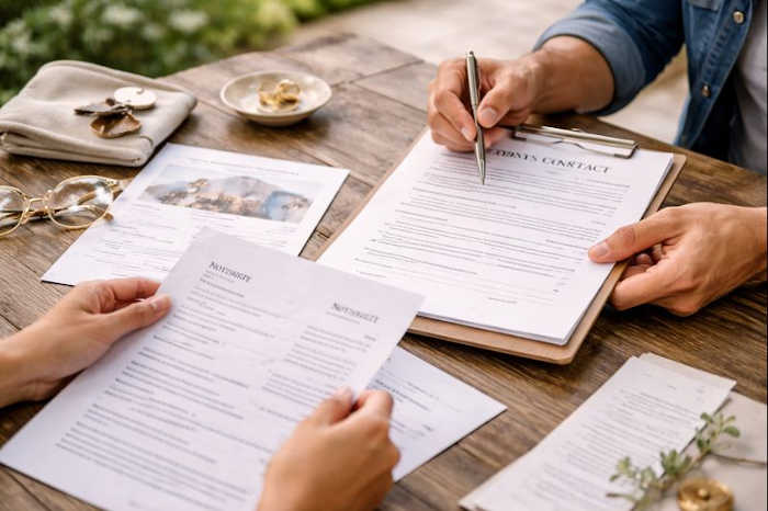 Hands reviewing a wedding contract and paperwork on a table.