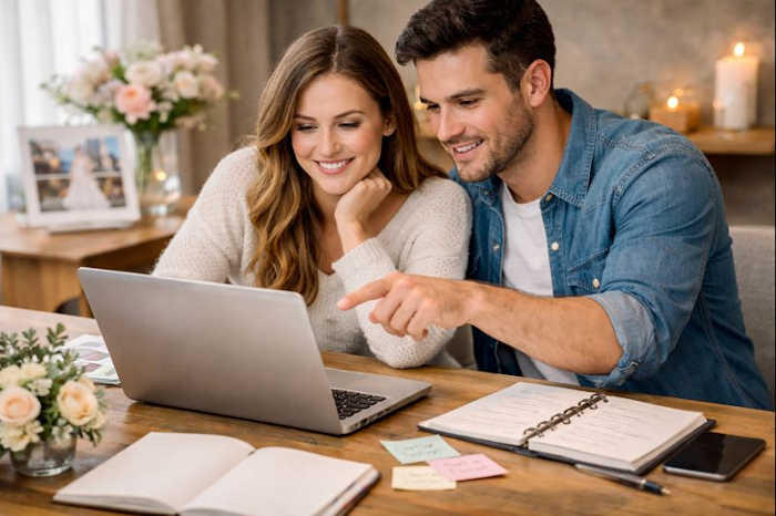 Couple reviewing Italy wedding planning options on a laptop with notes on a table.