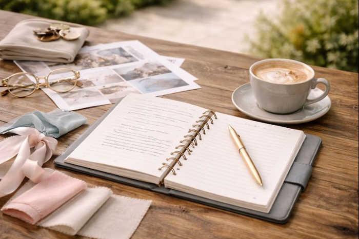 Notebook and pen beside a coffee cup during final Italy wedding planning review.