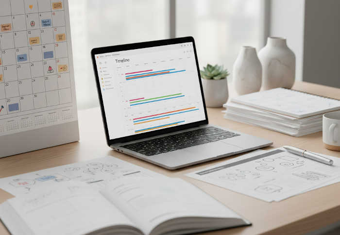 Italy wedding planning timeline setup with a laptop, calendar, and notes on a desk.