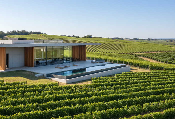 Contemporary winery building with clean architecture overlooking vineyards on a bright day.