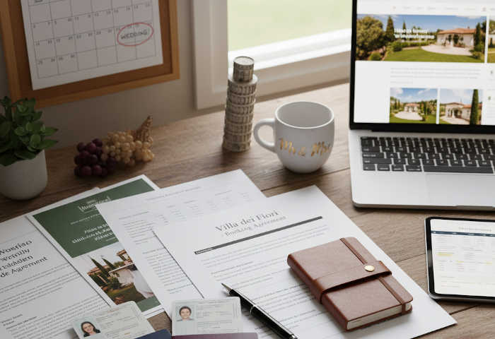 Passports and wedding paperwork arranged on a desk for planning an Italy destination wedding.