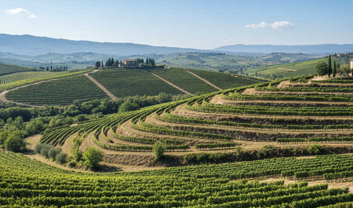 Terraced vineyards in Italian wine country.
