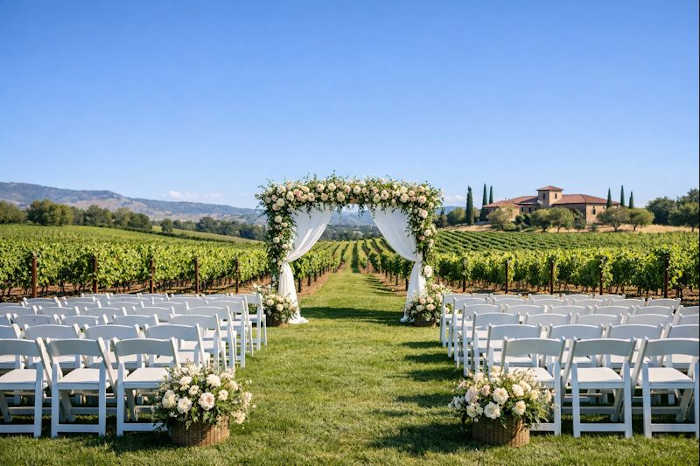 Outdoor wedding ceremony setup at a vineyard estate.