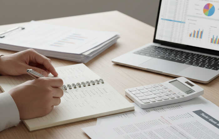 Wedding budget planning with a notebook, calculator, and pen on a desk.